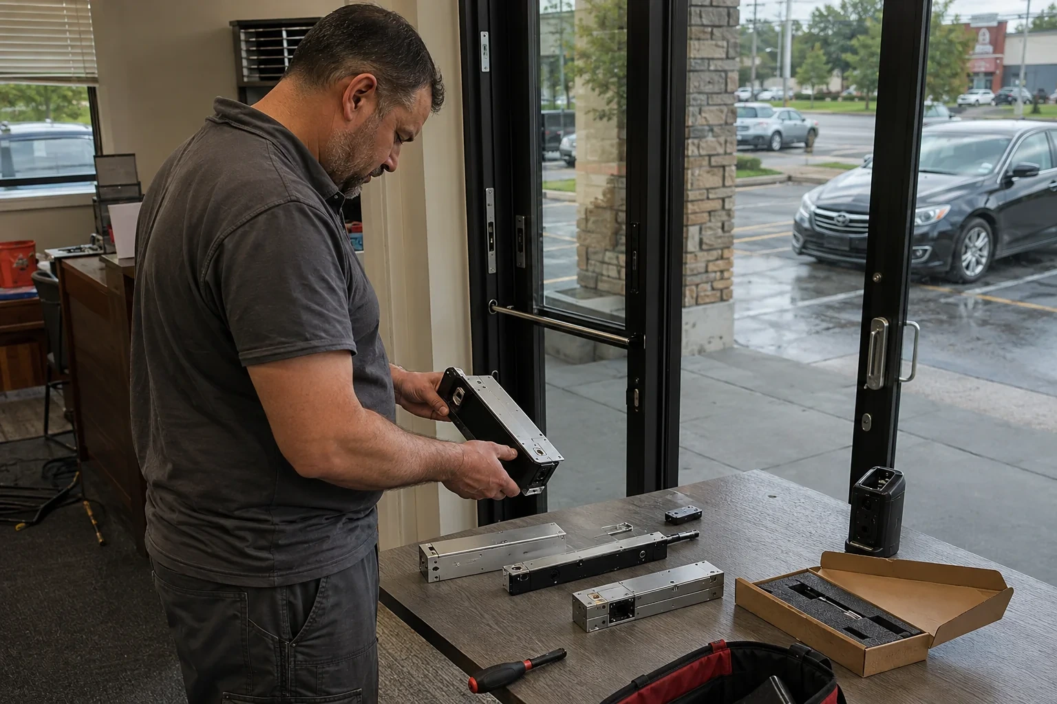 Person holding a rectangular door-hardware housing at a table with additional metal assemblies beside a glass entrance.