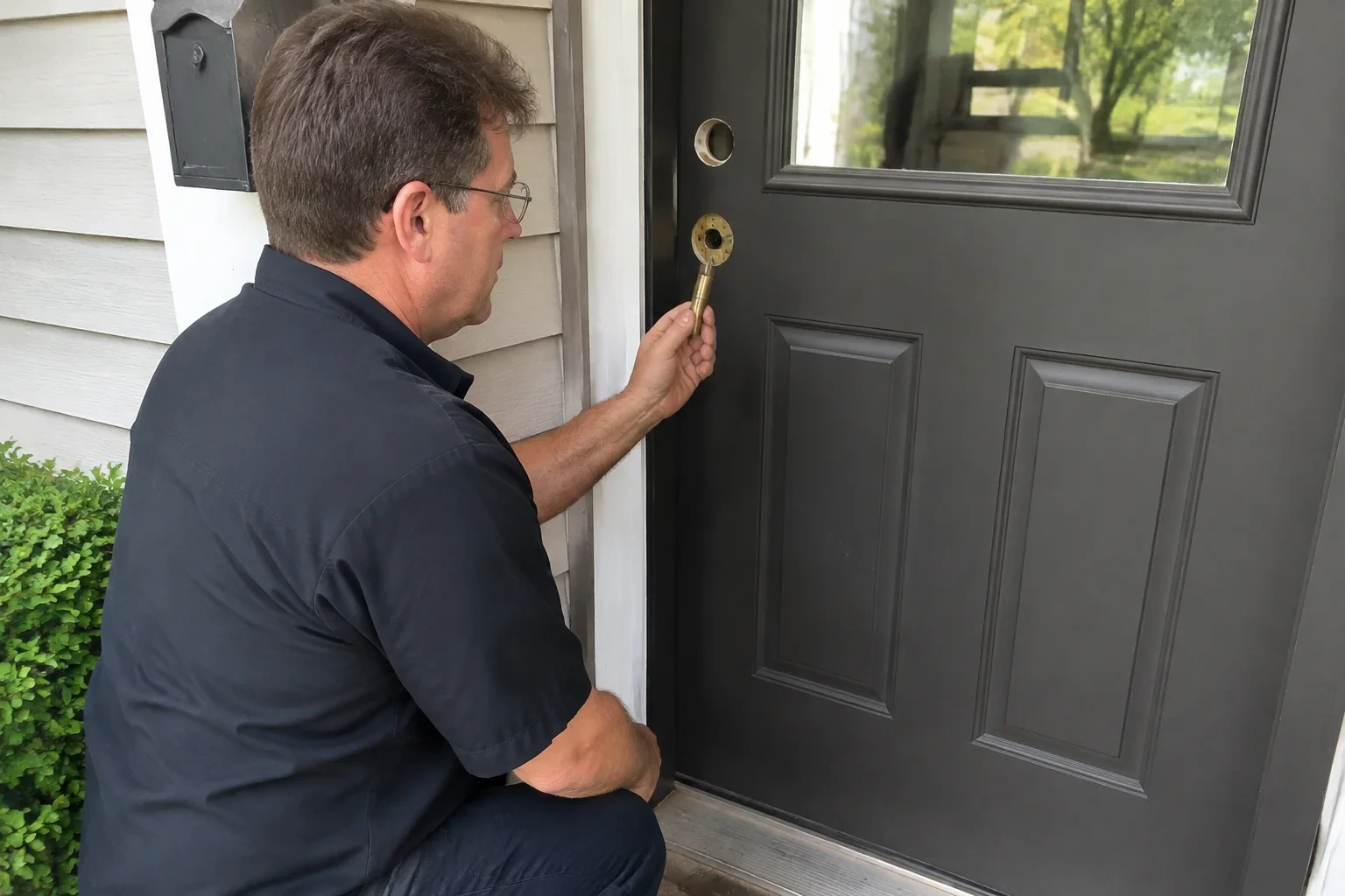 Person kneeling at a dark front door and holding a brass-colored cylindrical component beside exposed lock openings.