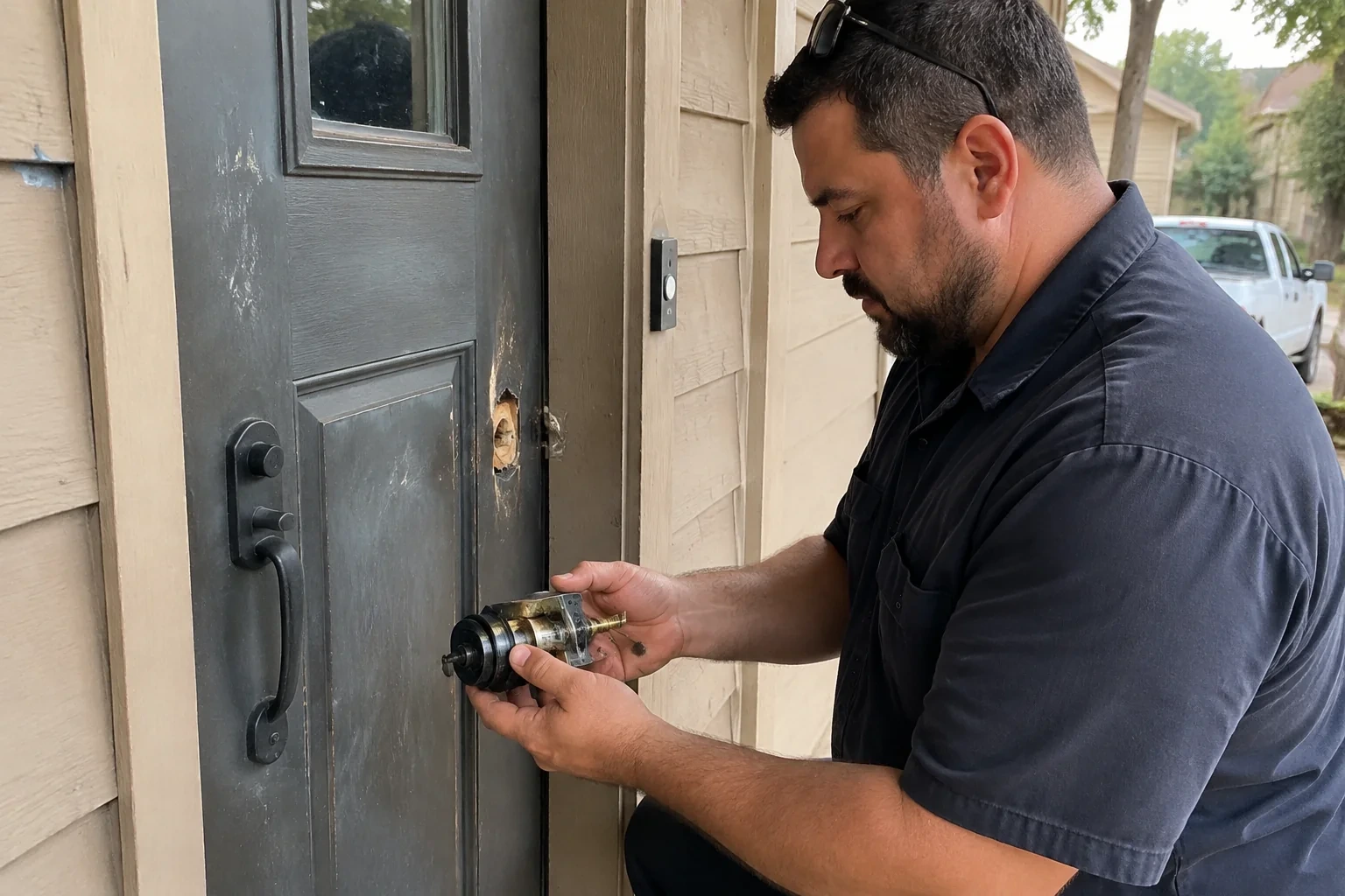Person holding a removed lock assembly beside a worn gray front door with an exposed circular opening.