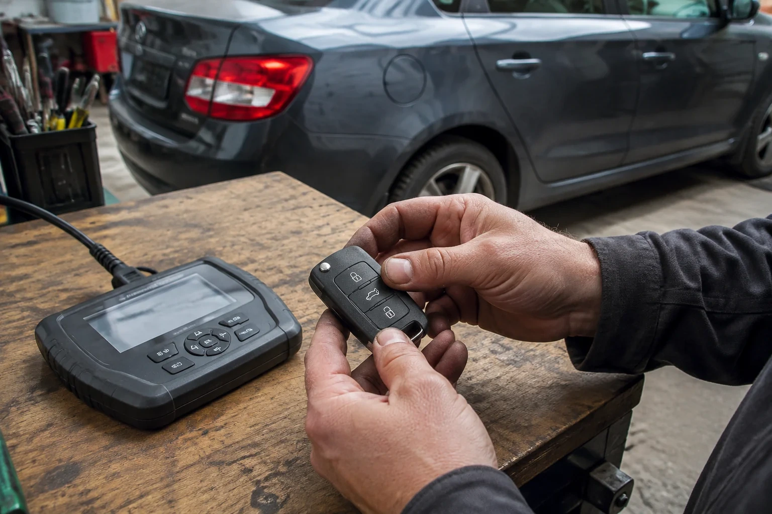 Hands holding a black car key fob above a workbench, beside a wired handheld device with a screen.