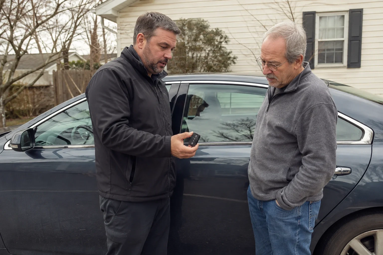 Two people beside a dark sedan, one holding up a black key fob.