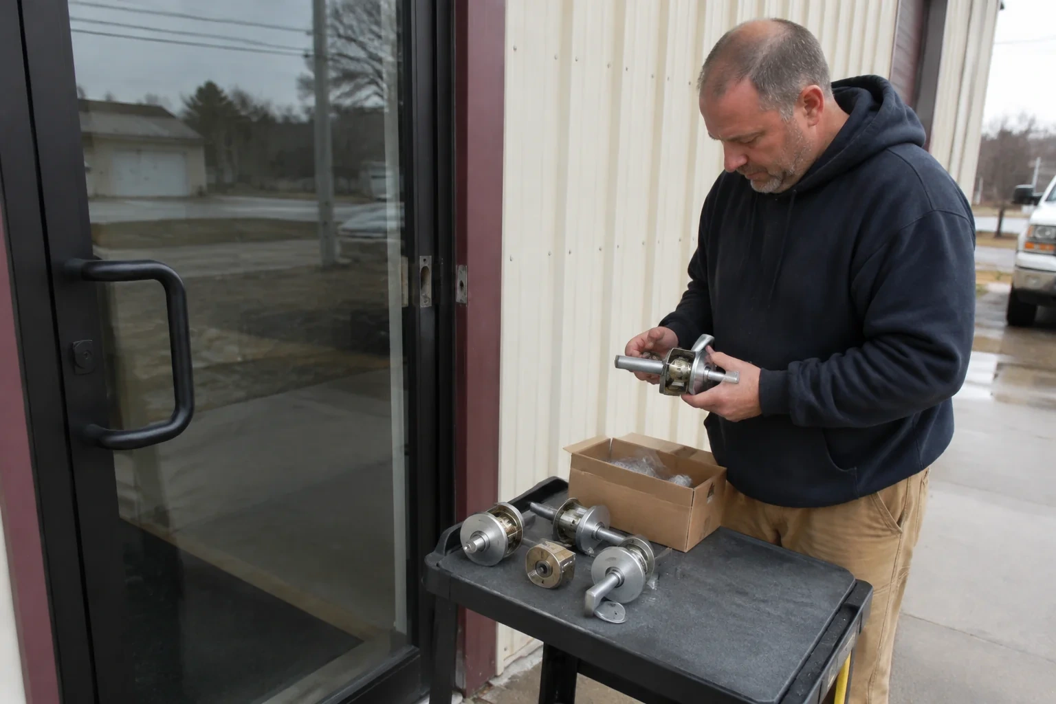 Person holding a door-handle assembly beside a glazed entrance, with more handle and lock components on a cart.