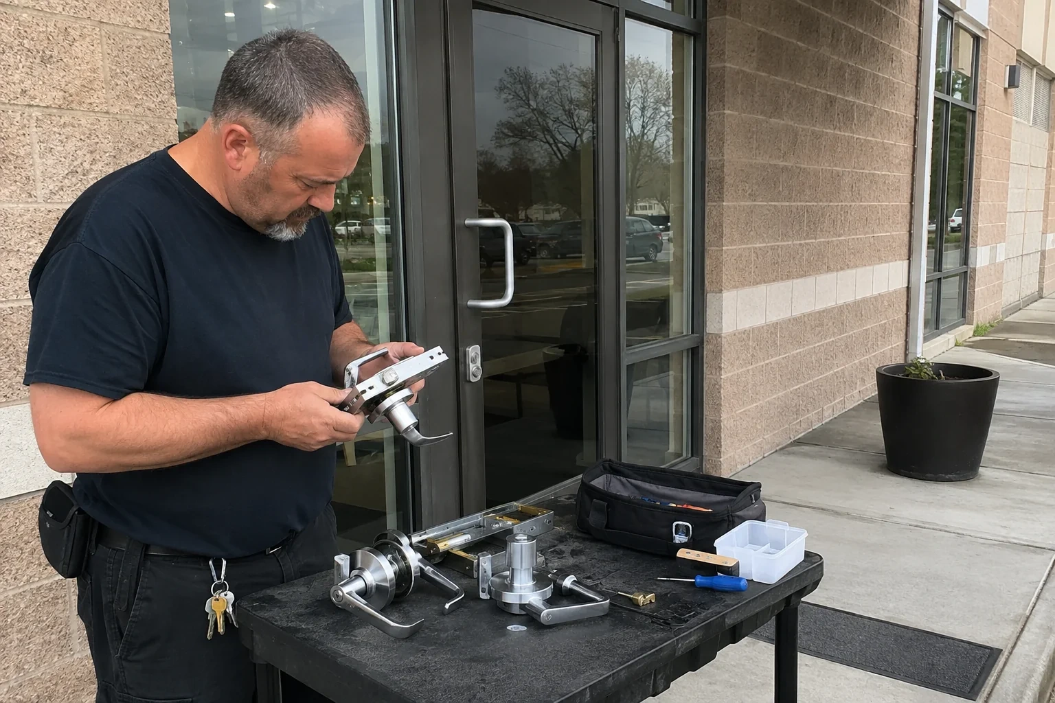 Person holding a door-handle and latch assembly at a worktable outside a glass entrance, with additional handles and tools laid out.