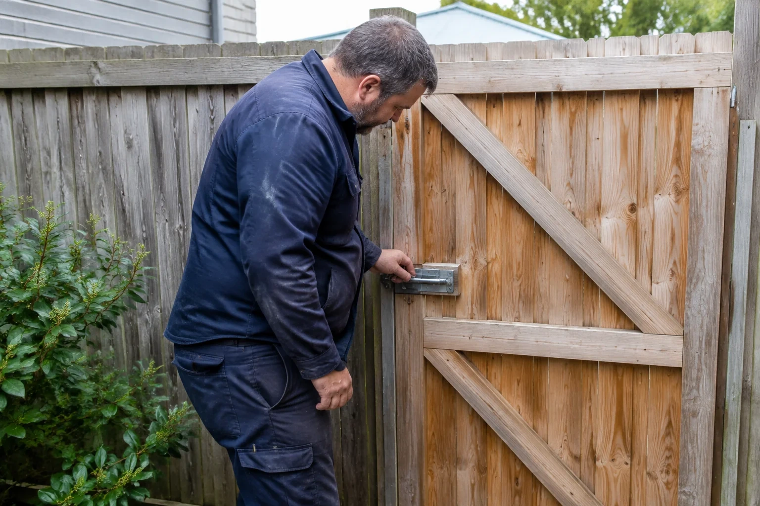 Person touching the sliding metal bolt on a wooden garden gate.