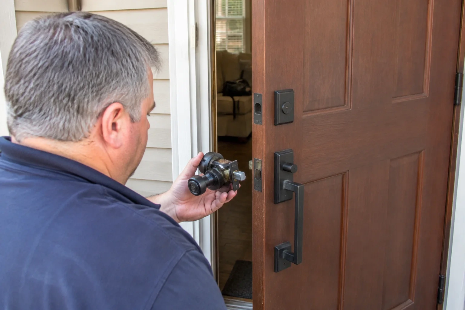 Person holding a removed black lock assembly beside a partly open brown front door with a long black pull handle.