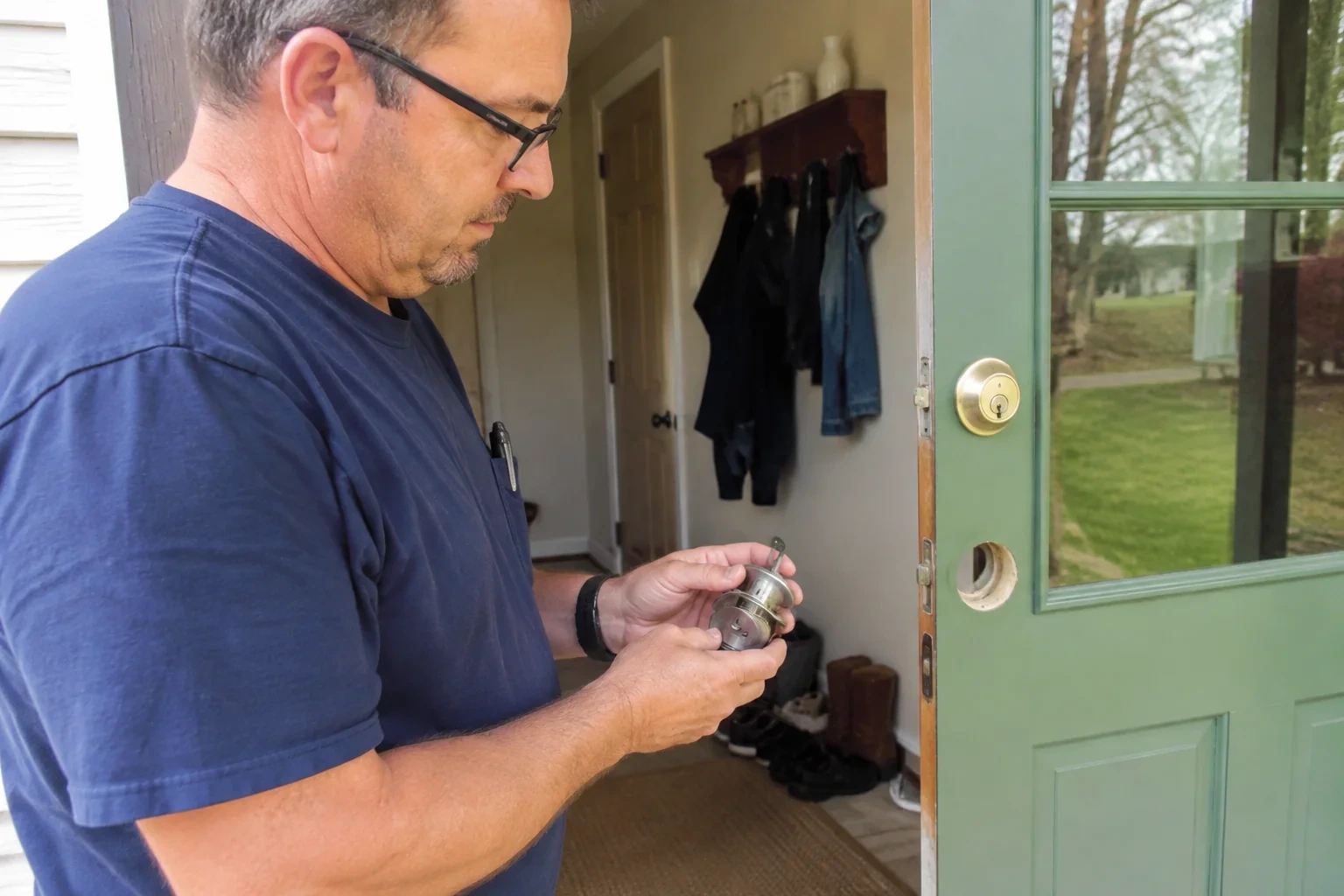 Person holding a cylindrical door-lock assembly beside an open green glazed door with its lower lock opening exposed.