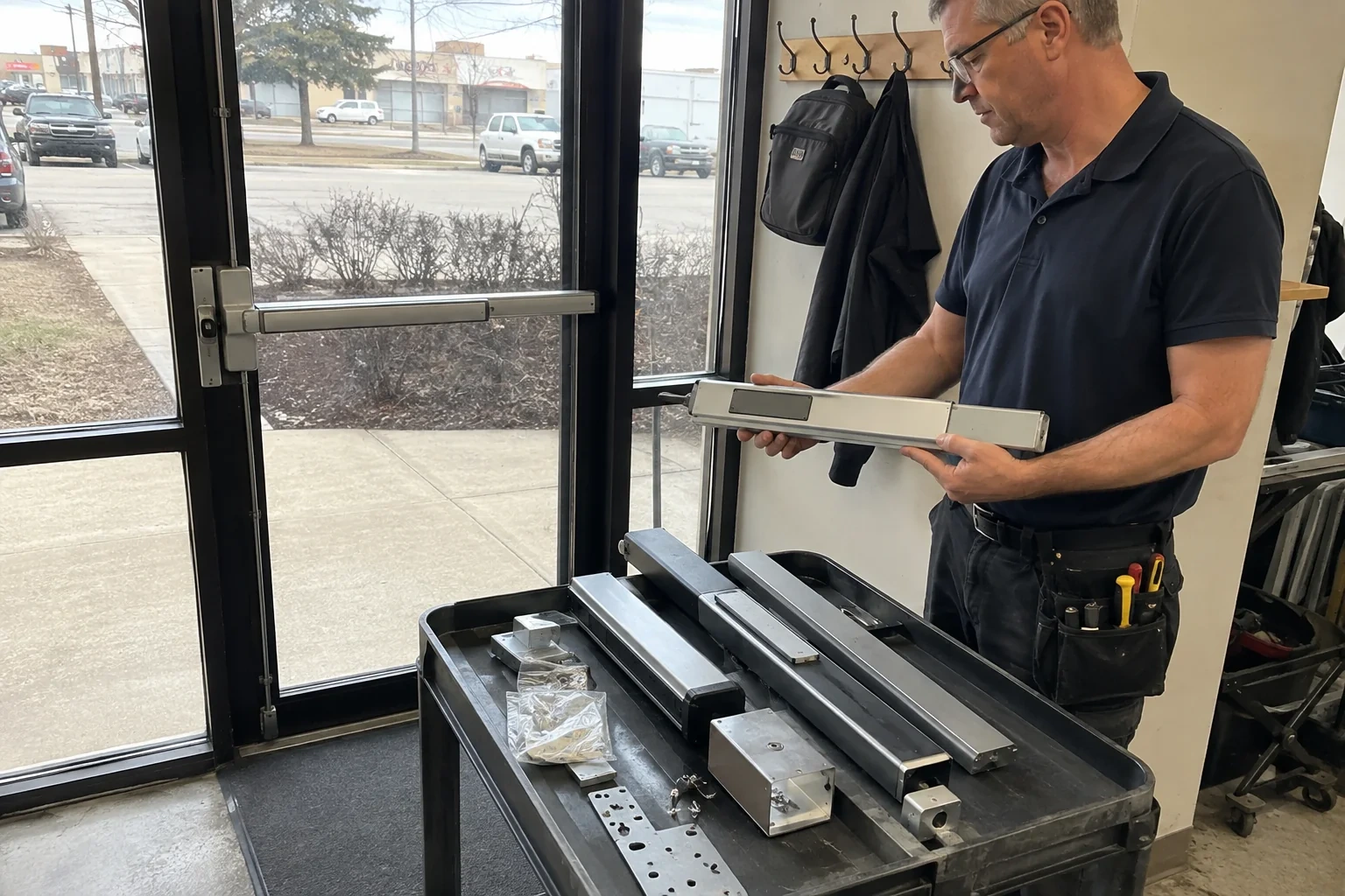 Person holding a long metal door-hardware assembly beside a cart of similar parts and a glass door fitted with a push bar.