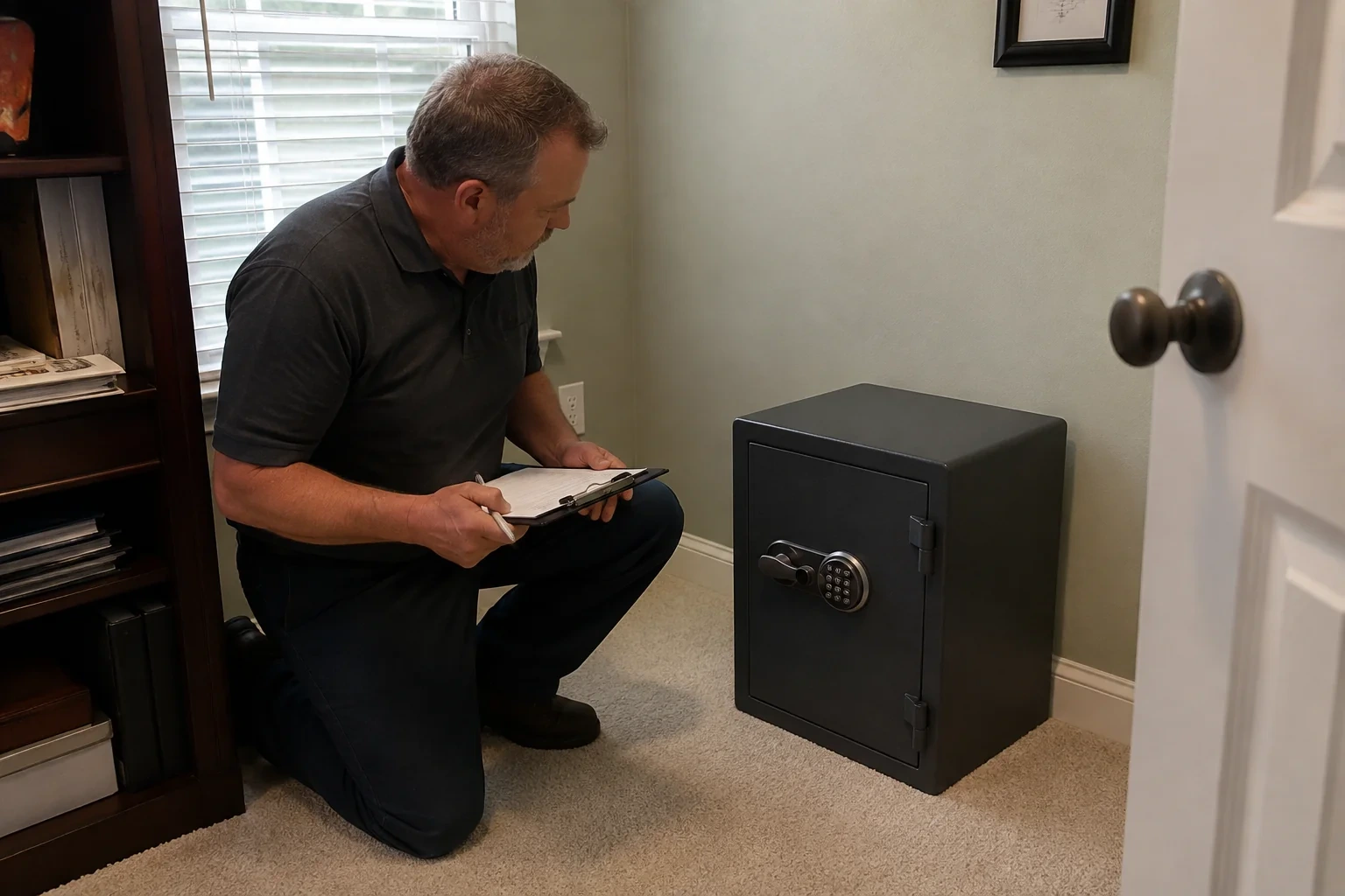 Person holding a clipboard beside a closed black safe with a circular keypad in a carpeted room.