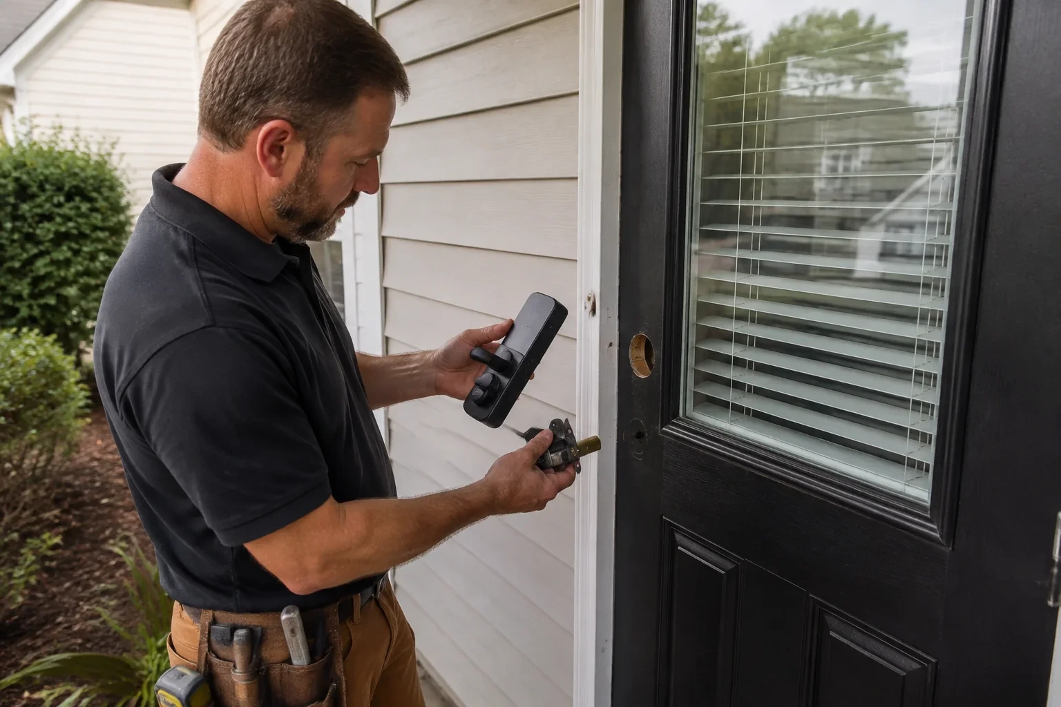 Person holding a black door-handle assembly and a latch beside a glazed door with exposed lock openings.
