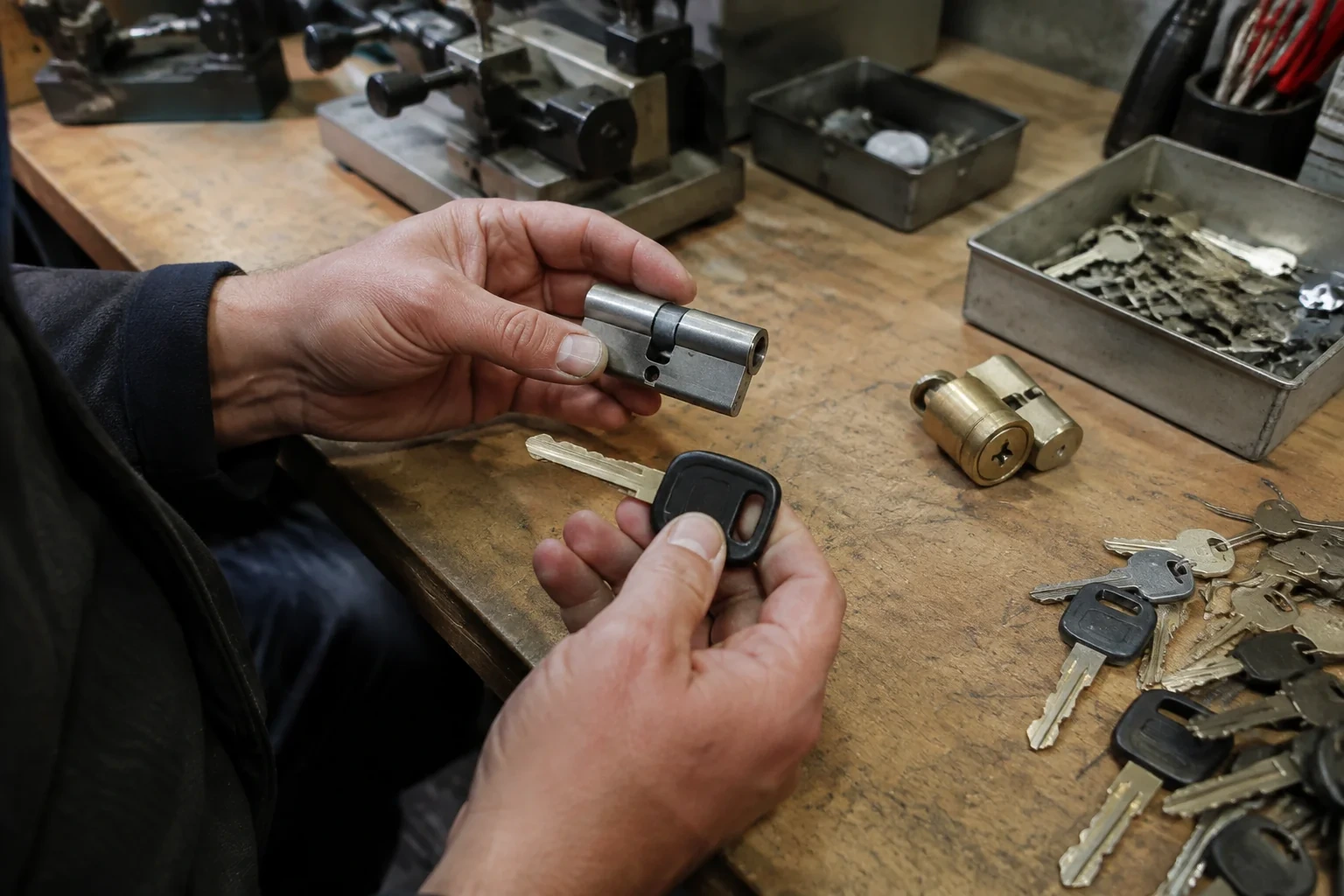 Hands holding a silver-colored lock cylinder and a black-headed key above a workbench with loose keys and another cylinder.